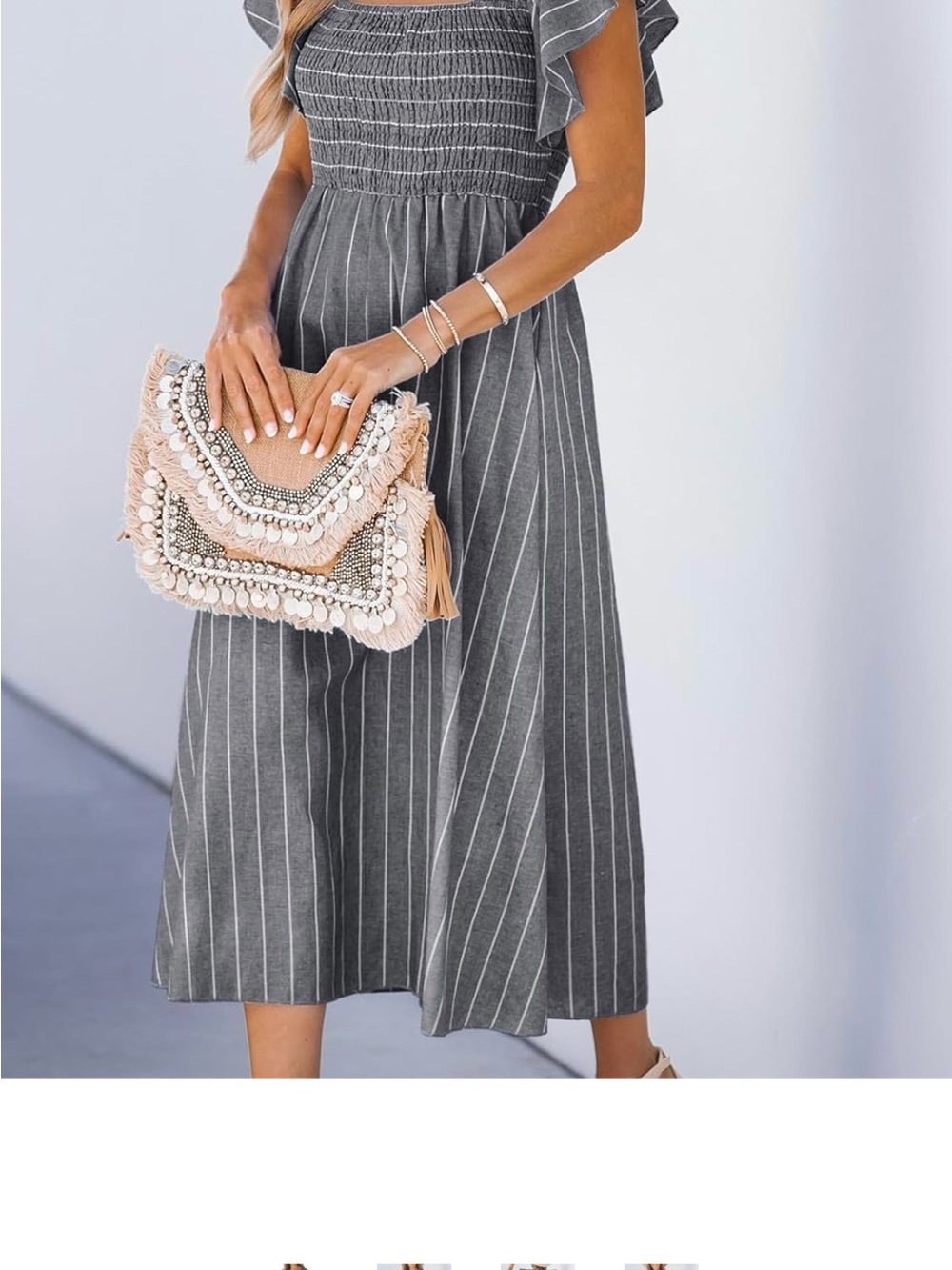 Gray Stripe Flutter-Sleeve Midi Dress - Picture 2 of 6